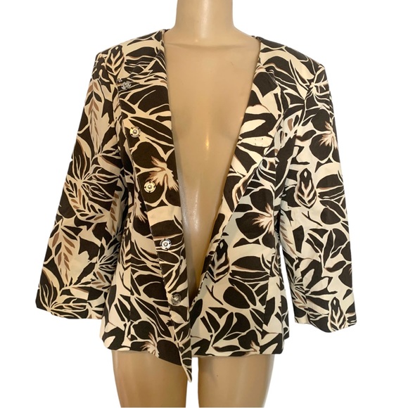 Trisisto Femme Floral Leaf Brown & White Safari Fitted Suit Jacket Blazer Padded - Picture 2 of 14